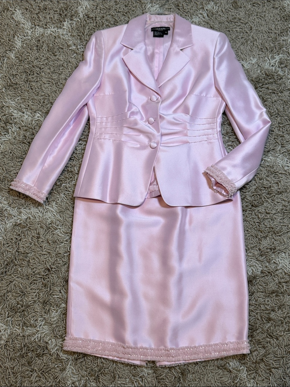 Terani Couture Vintage Pink Silk Skirt Suit Set size 10